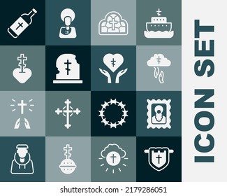 Set Flag with christian cross, Christian icon, God's helping hand, Stained glass, Grave tombstone, Religious heart, Holy water bottle and  icon. Vector