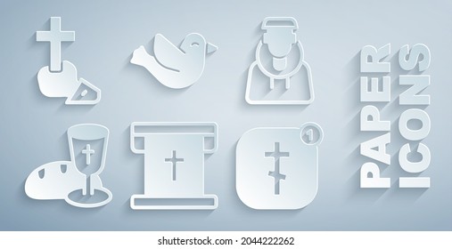 Set Flag with christian cross, Monk, Goblet and bread, Online church pastor preaching, Dove and Christian icon. Vector