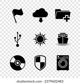 Set Flag, Cloud-Download, Add new folder, CD oder DVD disk, Shield and Washer Icon. Vektorgrafik