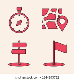 Set Flag, Compass, Folded map with location marker and Road traffic sign icon. Vector