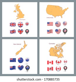 Set of flag designs over white background.