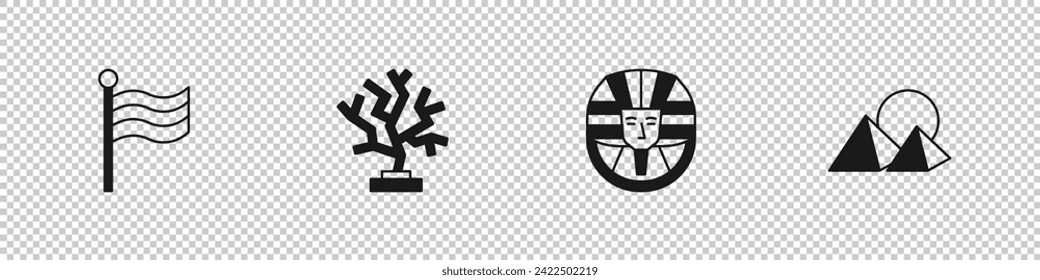 Set Flag Of Egypt, Coral, Egyptian pharaoh and pyramids icon. Vector