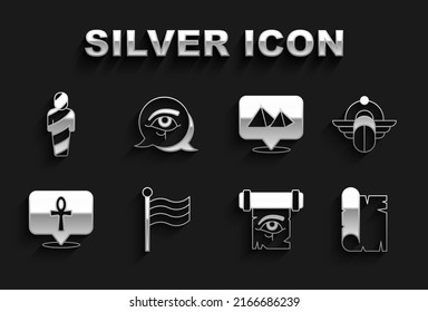 Set Flag Of Egypt, Egyptian Scarab, Papyrus scroll, Eye of Horus on papyrus, Cross ankh, pyramids, mummy and  icon. Vector