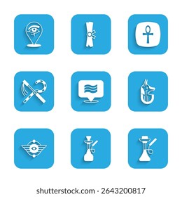 Set Flag Of Egypt, Hookah, Egyptian anubis, symbol Winged sun, Crook and flail, Cross ankh and Eye of Horus icon. Vector