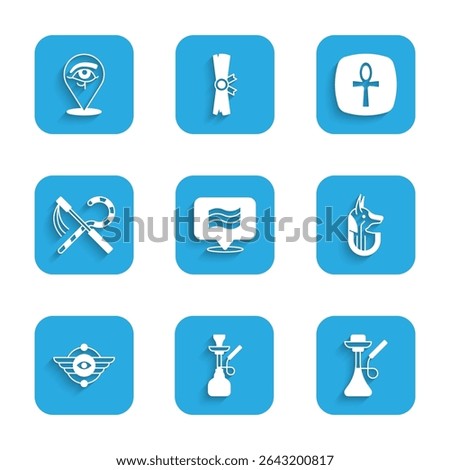Set Flag Of Egypt, Hookah, Egyptian anubis, symbol Winged sun, Crook and flail, Cross ankh and Eye of Horus icon. Vector