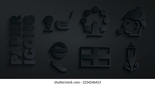Set Flag of England, Sherlock Holmes, London underground, Vintage street light, eye and Golf club with ball tee icon. Vector