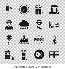 Set Flag of England, Vintage street light, Robin hood hat, Wooden beer mug, Cloud with rain, Queen Elizabeth, cricket bat ball and London underground icon. Vector