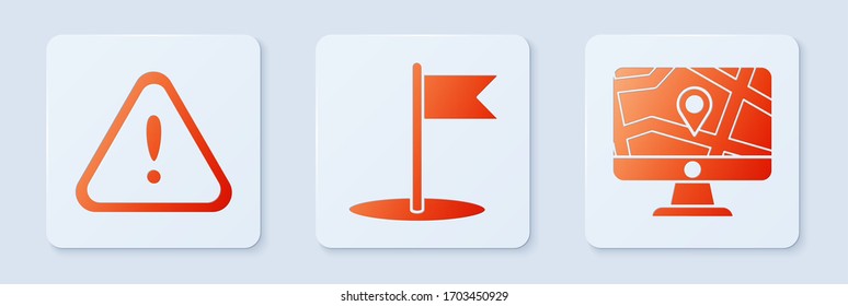 Set Flag, Exclamation mark in triangle and Monitor and folded map with location. White square button. Vector