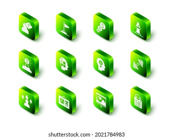 Set Flag, Financial Growth and Dollar, Speaker, Dumbell, Online-Bildung, Human mit Lampenbrille, Chalkboard-Diagramm und Identification-Button Symbol. Vektorgrafik