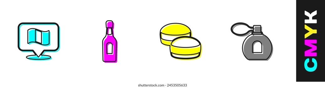 Set Flag France, Champagne bottle, Macaron cookie and Perfume icon. Vector