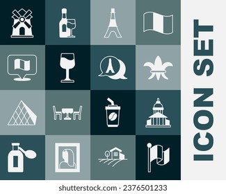 Set Flag France, Museum building, Fleur De Lys, Eiffel tower, Wine glass, Windmill and  icon. Vector