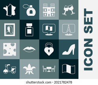 Set Flag France, Woman shoe, Eiffel tower, Notre Dame de Paris, Perfume, Portrait picture in museum, Map of and  icon. Vector