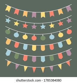 Set flag garland in minimalistic style on green christmas background. Vector illustration
