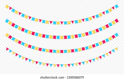 Set of flag garlands. Carnival garland with flags. Decorative colorful party pennants for birthday celebration, festival and fair decoration. Holiday background with hanging flags. 