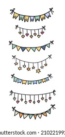 Set of flag garlands doodle vector illustration. Colorful hand drawn holiday party festive festoon bunting decor element. Happy Birthday decoration hanging banners. Star and heart carnival hangings.