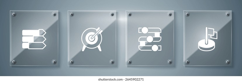 Set Flag, Graph, chart, diagram, Target and Pie infographic. Square glass panels. Vector