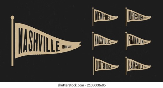 Set flag graphic. Old vintage trendy flag with city of Tennessee. Vintage banner with ribbon flag.