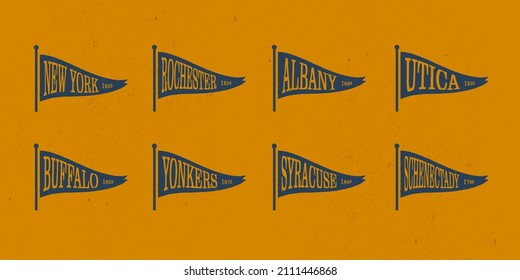 Set flag graphic. Old vintage trendy flag with city of New York state. Vintage banner with ribbon flag. svg