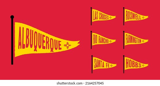 Set flag graphic. Old vintage trendy flag with city of New Mexico state. Vintage banner with ribbon flag.