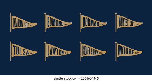 Set flag graphic. Old vintage trendy flag with city of Oklahoma state. Vintage banner with ribbon flag.