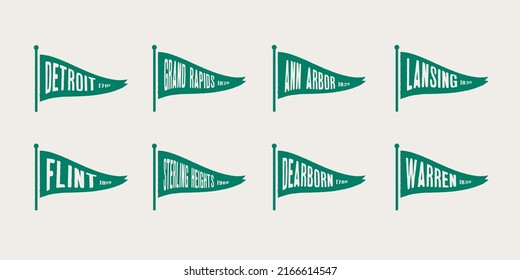 Set flag graphic. Old vintage trendy flag with city of Michigan state. Vintage banner with ribbon flag.