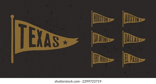 Set flag graphic. Old vintage trendy flag with city of Texas state. Vintage banner with ribbon flag.