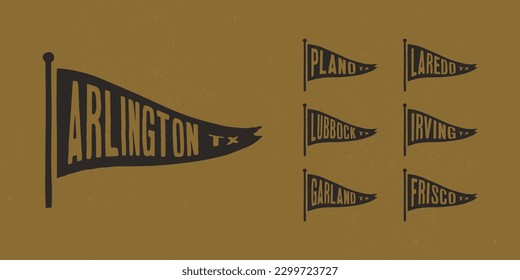 Set flag graphic. Old vintage trendy flag with city of Texas state. Vintage banner with ribbon flag.