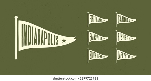 Set flag graphic. Old vintage trendy flag with city of Indiana state. Vintage banner with ribbon flag.