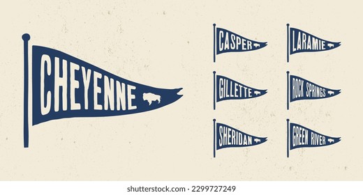 Set flag graphic. Old vintage trendy flag with city of Wyoming state. Vintage banner with ribbon flag.