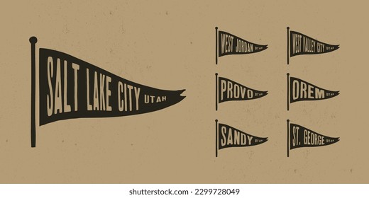Set flag graphic. Old vintage trendy flag with city of Utah state. Vintage banner with ribbon flag.