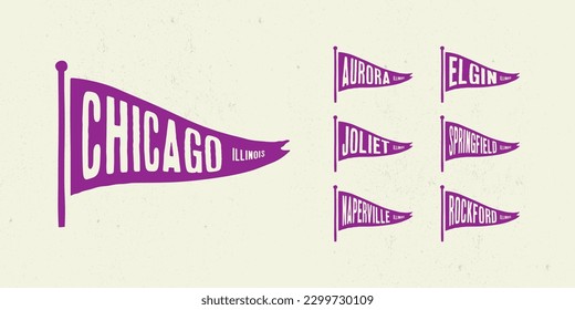 Set flag graphic. Old vintage trendy flag with city of Illinois state. Vintage banner with ribbon flag. svg
