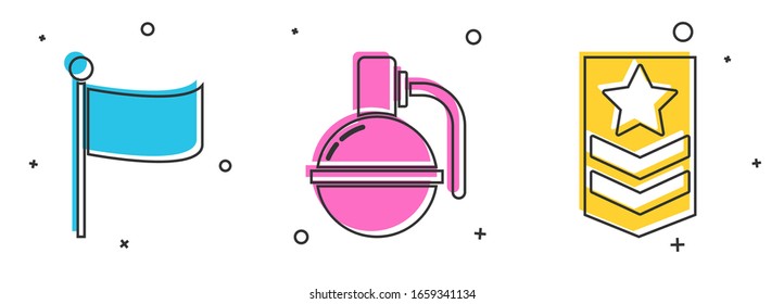 Set Flag , Hand grenade  and Chevron  icon. Vector