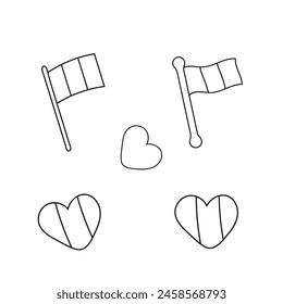 Set flag and heart. Vector in Doodle style. Isolated pennants icon black line. Holiday paraphernalia for sticker, cover, postcards, print, social media, icon.