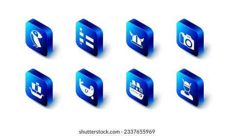 Set Flag of Iceland, Viking in horned helmet, Photo camera, head, Cruise ship, Fur seal animal, Drakkar and Albatross icon. Vector