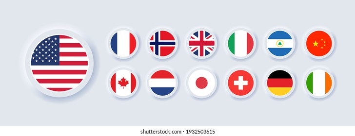 Set of flag icon. United States, Italy, China, France, Canada, Japan, Ireland, Kingdom, Nicaragua, Norway, Switzerland, Netherlands. Round icons flags. Neumorphic UI UX user interface. Neumorphism