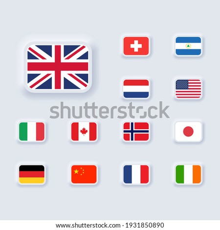 Set of flag icon. United States, Italy, China, France, Canada, Japan, Ireland, Kingdom, Nicaragua, Norway, Switzerland, Netherlands. Square icons flags. Neumorphic UI UX user interface. Neumorphism