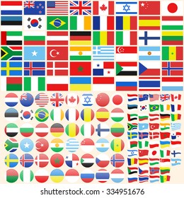 Set of flag icons, flat style circle waving flags - vector illustration