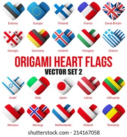 Set of Flag icons in the form of heart. I love it. Vector Illustration Isolated on white background.
