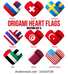 Set of Flag icons in the form of heart. I love it. Vector Illustration Isolated on white background.