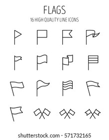 Set of flag icons in modern thin line style. High quality black outline banner symbols for web site design and mobile apps. Simple flag pictograms on a white background.