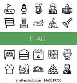 Set of flag icons such as Golf, Flag, Mai thai, Soldier, Golf bag, Russia, Circus tent, White house, Balalaika, Banner, Top, Bola de berlim, Racing, th of july, Sydney opera house , flag