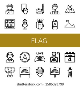 Set of flag icons. Such as Ranger, Navigator, Red card, Mai thai, Golf stick, Golf bag, Referee, Gps, Mission, Golfer, Gay, Banner, Pride, th of july, Marker , flag icons