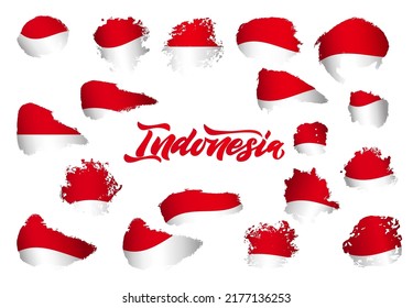 Set of flag of Indonesia with logo of country. Hand calligraphy lettering. vector illustration. White and red colors. As graphic element of design. Sign in shape of abstract texture blobs, spots. 