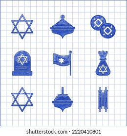 Set Flag of Israel, Hanukkah dreidel, Torah scroll, Jewish money bag with star david, Star David, Tombstone, coin and  icon. Vector