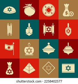 Set Flag of Israel, Hanukkah dreidel, Jewish coin, Torah scroll, kippah with star david and  icon. Vector