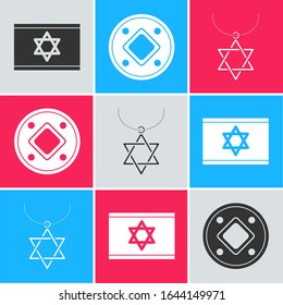 Set Flag of Israel, Jewish coin and Star of David necklace on chain icon. Vector