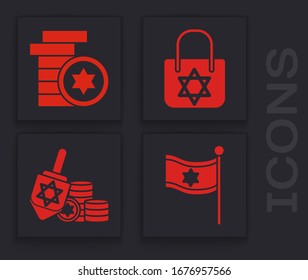 Set Flag of Israel, Jewish coin, Shopping bag with star of david and Hanukkah dreidel and coin icon. Vector