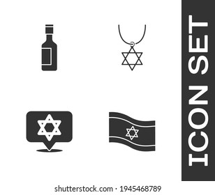 Set Flag of Israel, Jewish wine bottle, Star David and necklace on chain icon. Vector