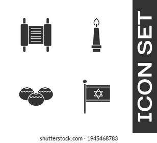 Set Flag von Israel, Torah Scroll, jüdische süße Bäckerei und Brennende Kerze Symbol. Vektorgrafik