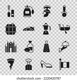 Set Flag Italy, Covered with tray of food, Gondola, Roman army helmet, Sport racing car, Barrel for wine, Mascara brush and Coffee moca pot icon. Vector